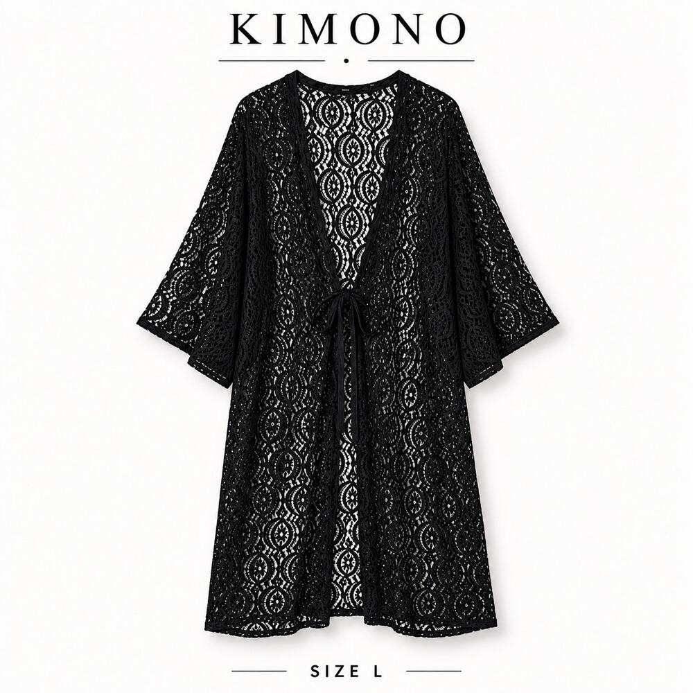 Black Lace Kimono Cardigan Sheer Open Weave Tie Front Boho Layering Top Large